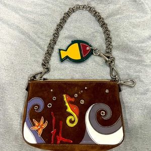Vintage Brown Suede Authentic Prada seahorse motif bag with fish keychain.